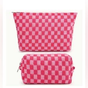 Set of two zippered cosmetic makeup bags matching pink checkered
